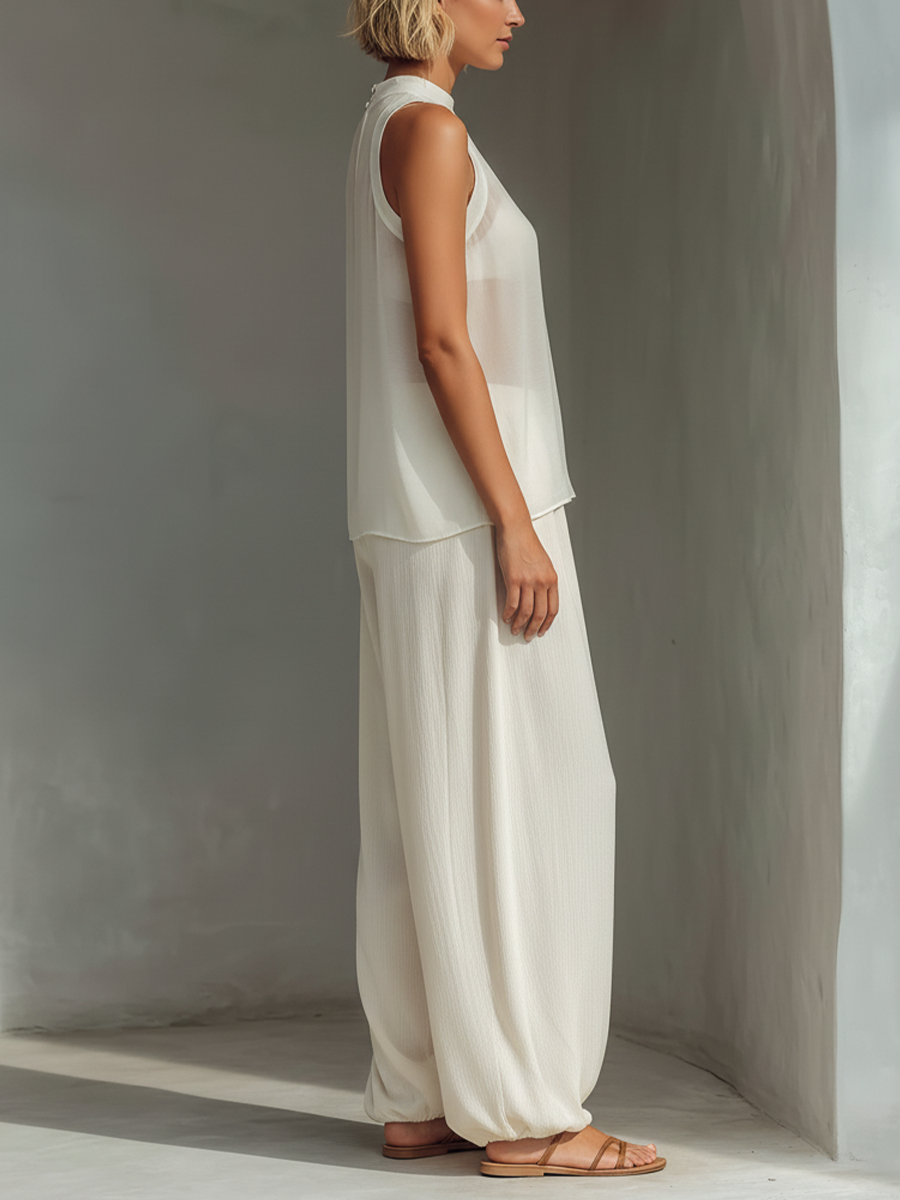 Women's Cream Two-Piece Set With Semi-sheer Chiffon Sleeveless Top & Drawstring Wide-Leg Trousers