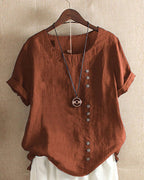 Linen | Women's Button Front Crew Neck Short Sleeve Casual Top