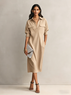 Women's Elegant Black Shirt Collar Short-sleeved Midi Dress