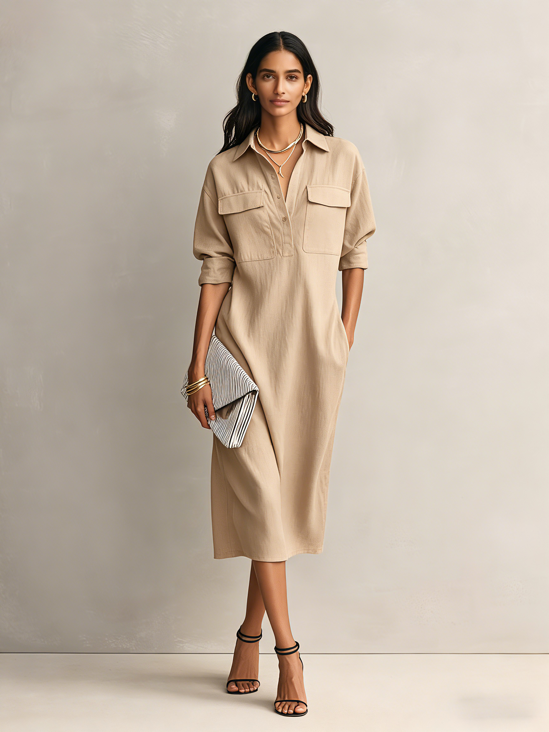 Women's Elegant Black Shirt Collar Short-sleeved Midi Dress