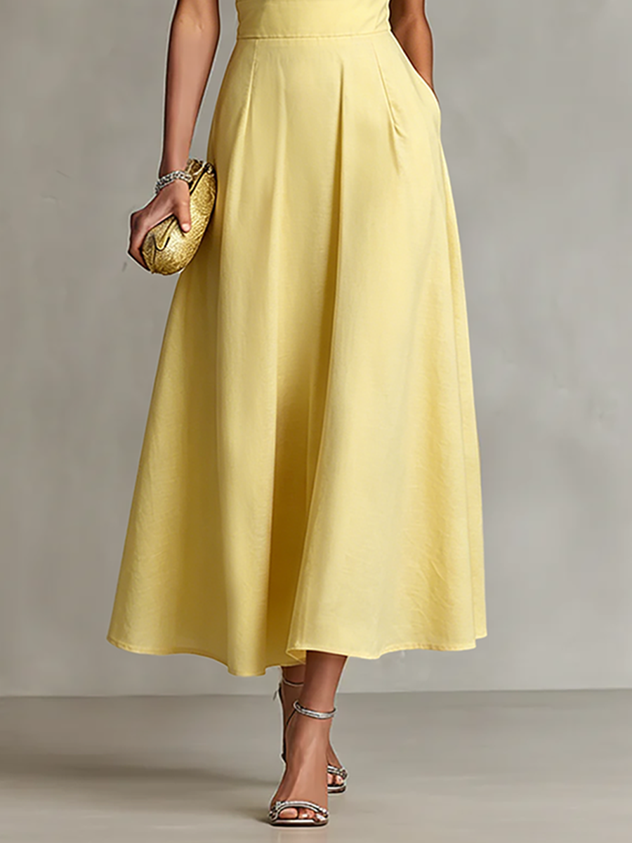 Women's Yellow Dress With One-Shoulder Neckline & Fitted Waist, Timeless Elegant-Chic Style Dress