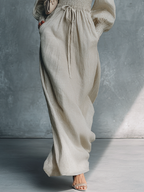Women's Beige Striped V-Neck Shirred Waist Maxi Dress
