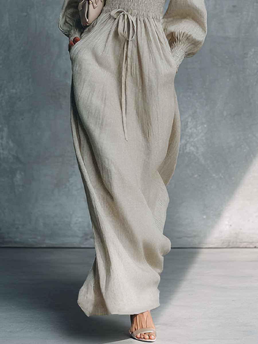 Women's Beige Striped V-Neck Shirred Waist Maxi Dress