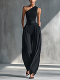 Women's Black High-elastic Knit Top And Acetate Wide-leg Pants