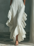 Women's Ivory Sleeveless Maxi Dress With Round Neck & Ruffle Hem