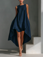 Women's White Sleeveless Midi Dress With Round Neck & Asymmetric Hem