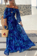 Francesca - Elegant Wedding Guest Maxi Dress with floral print and off-the-shoulder sleeves