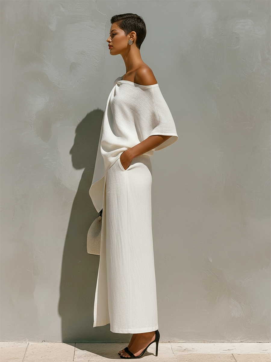 Women's White Set With One-Shoulder Knot Detail & Front Slit, Timeless Minimalist-Resort Style Set
