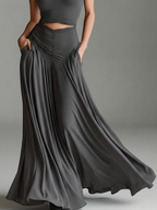 Women's Charcoal Gray Stretch Knit Dress With Turtleneck Halter & Cutout Waist, Timeless Minimalist Elegant Style Dress