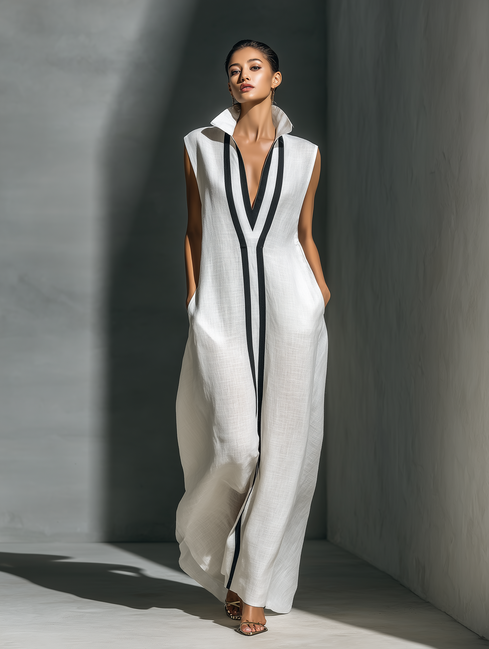 Women's White Sleeveless Maxi Dress With Black Contrast Trim