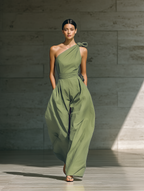 Women's Light Green One-Shoulder Wide-Leg Jumpsuit With Tie Waist