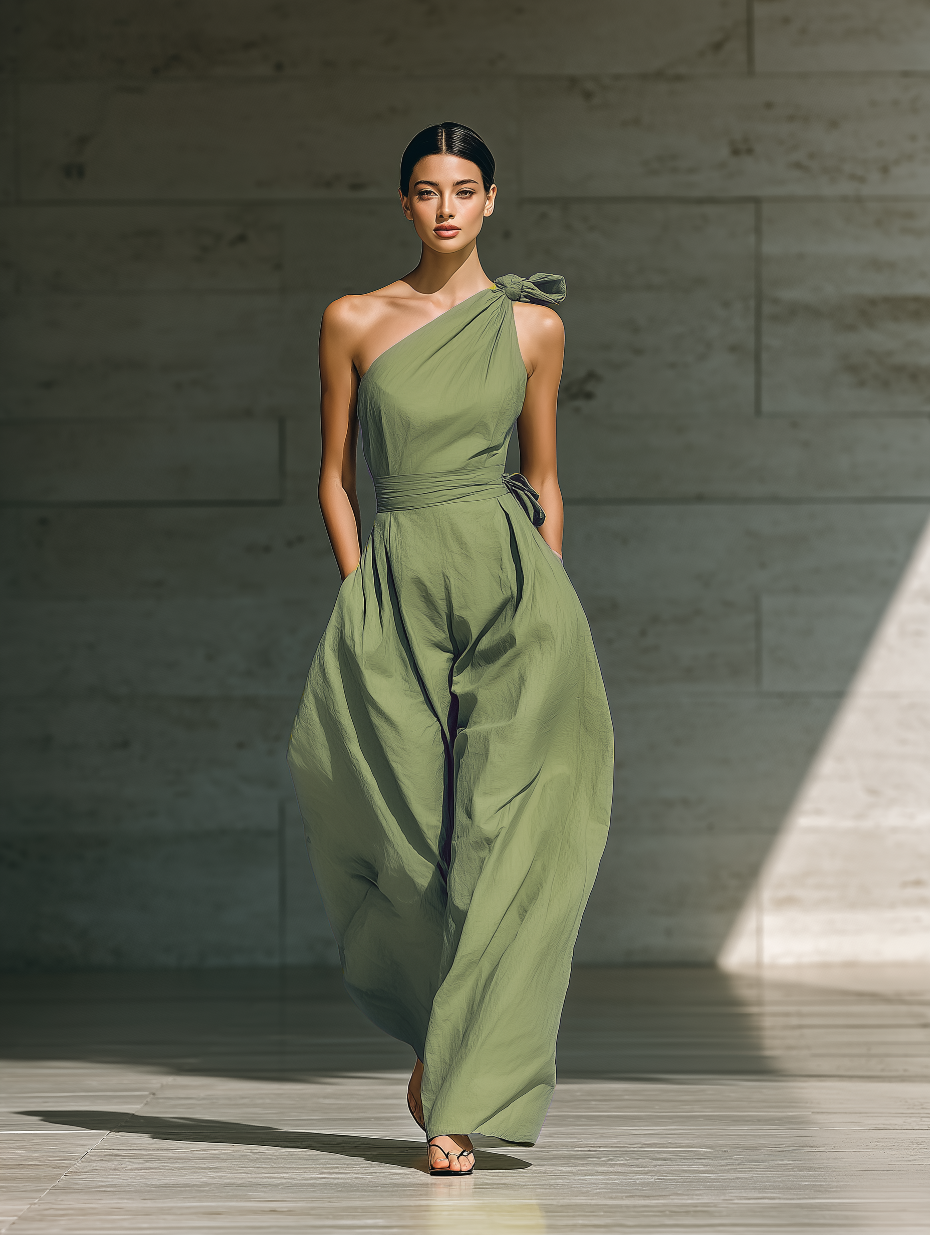 Women's Light Green One-Shoulder Wide-Leg Jumpsuit With Tie Waist