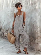 Women's Minimalist Striped Loose-Fit Square-Neck Sleeveless Jumpsuit