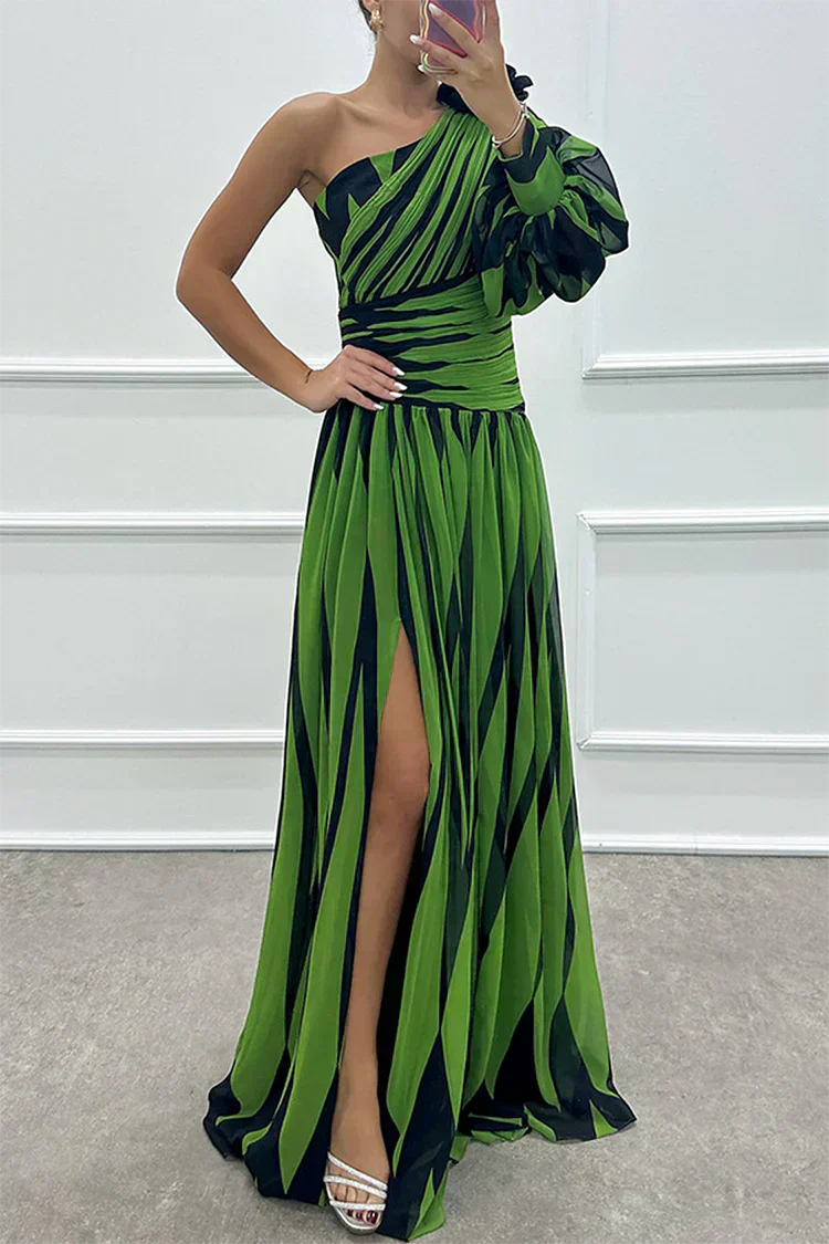 Shiloh - Elegant Striped Wedding Guest Maxi Dress with One Shoulder