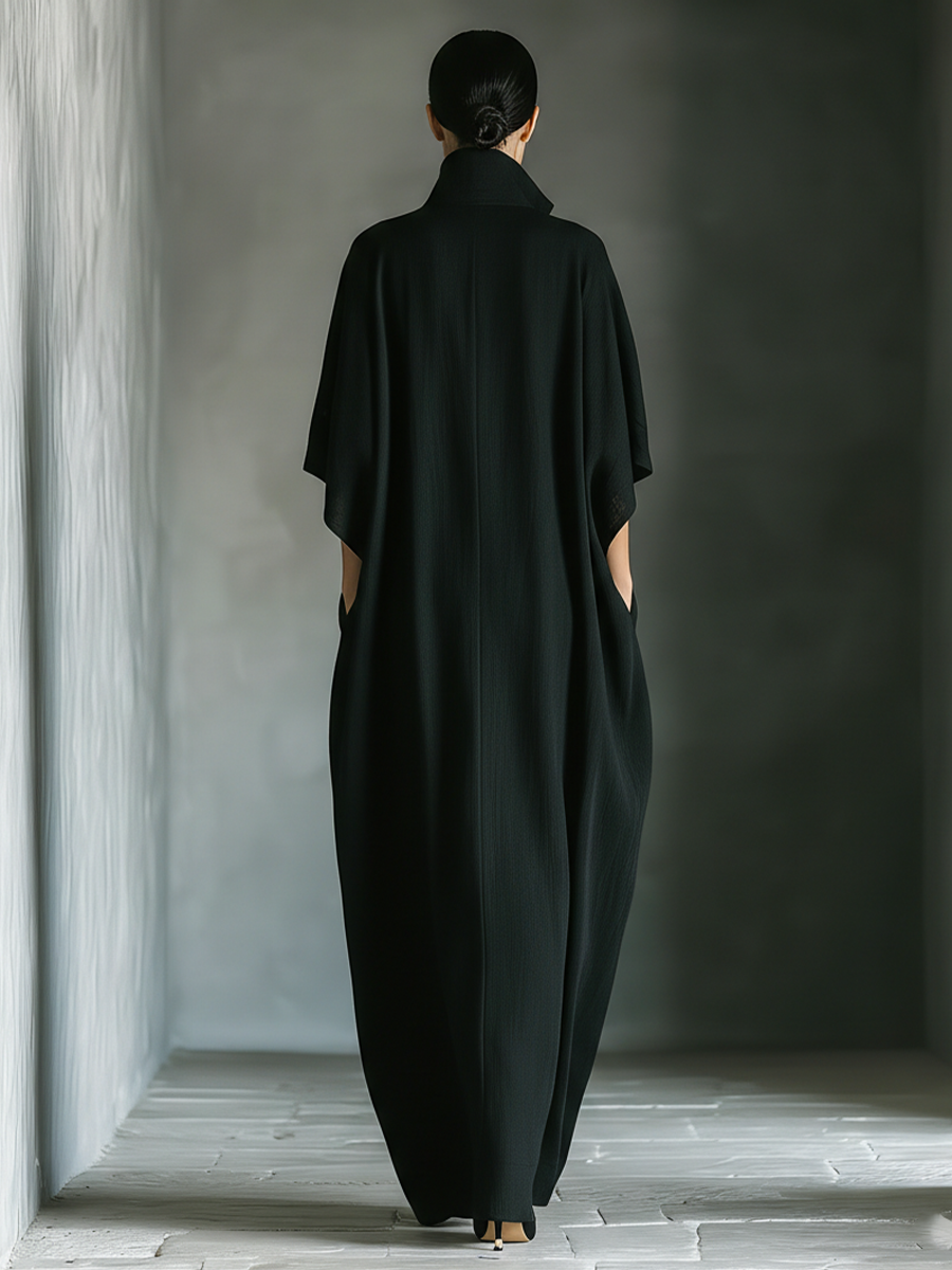 Women's Black Oversized Kimono-Sleeve Maxi Dress With Pockets