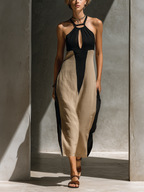 Women's Black And Beige Halter Neck Midi Dress With Keyhole Cutout & Color Block Design