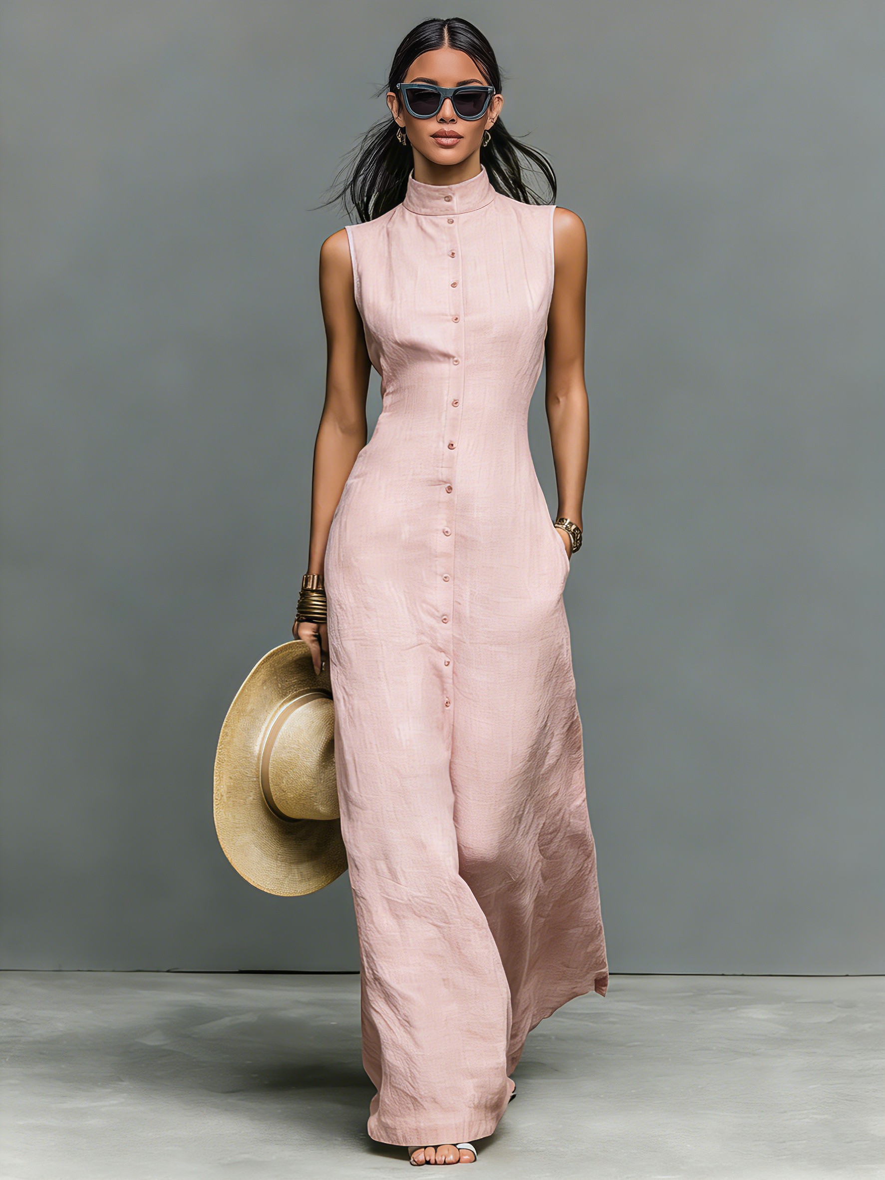 Women's Minimalist Stand-Collar Single-Breasted Sleeveless Maxi Dress
