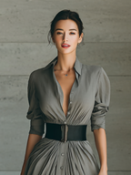 Ladies Lapel Long Sleeve Single Breasted Belt Maxi Dress