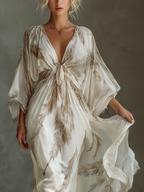 Women's Ivory And Taupe Chiffon Fabric Dolman Sleeve Maxi Dress With Twist Front & Palm Leaf Print
