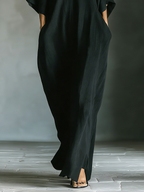 Women's Black Oversized Kimono-Sleeve Maxi Dress With Pockets