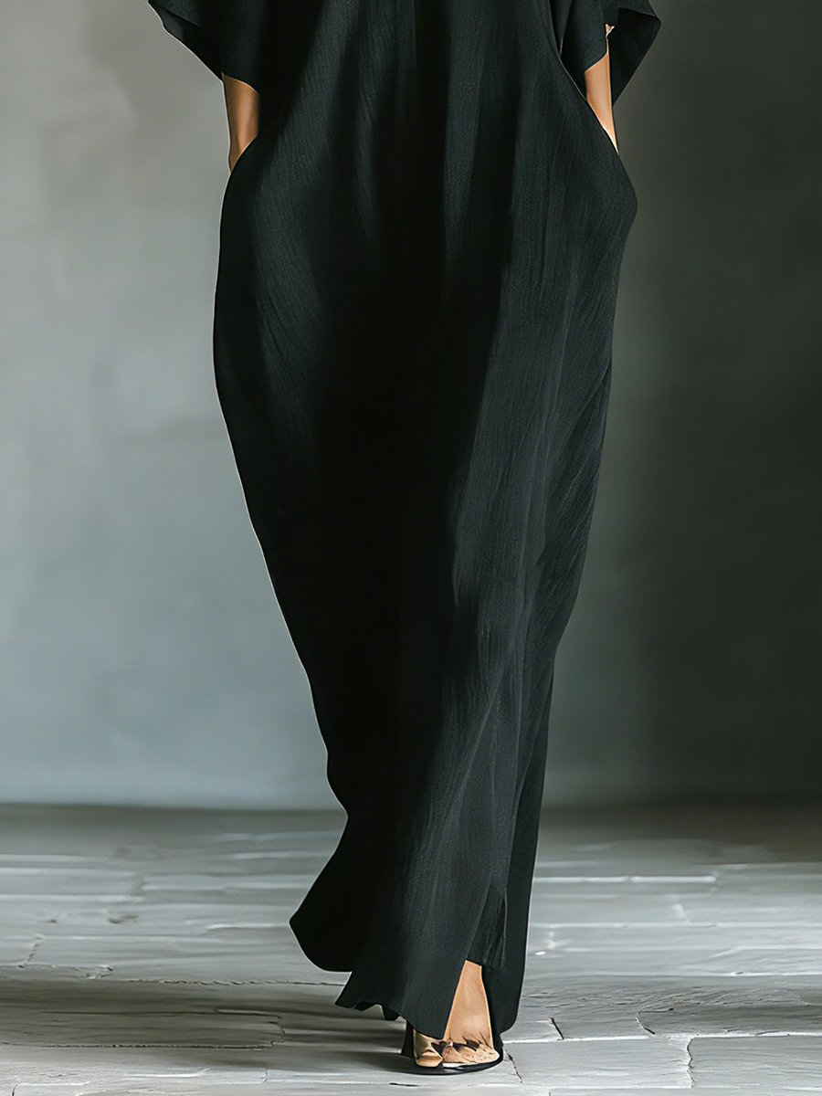 Women's Black Oversized Kimono-Sleeve Maxi Dress With Pockets