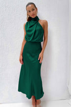 Carlina | Long Satin Wedding Guest Maxi Dress with Halter Neck