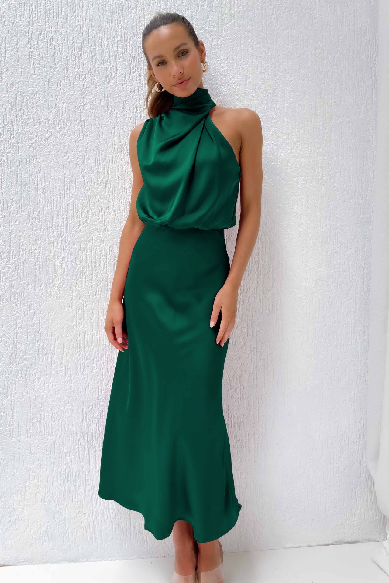 Carlina | Long Satin Wedding Guest Maxi Dress with Halter Neck