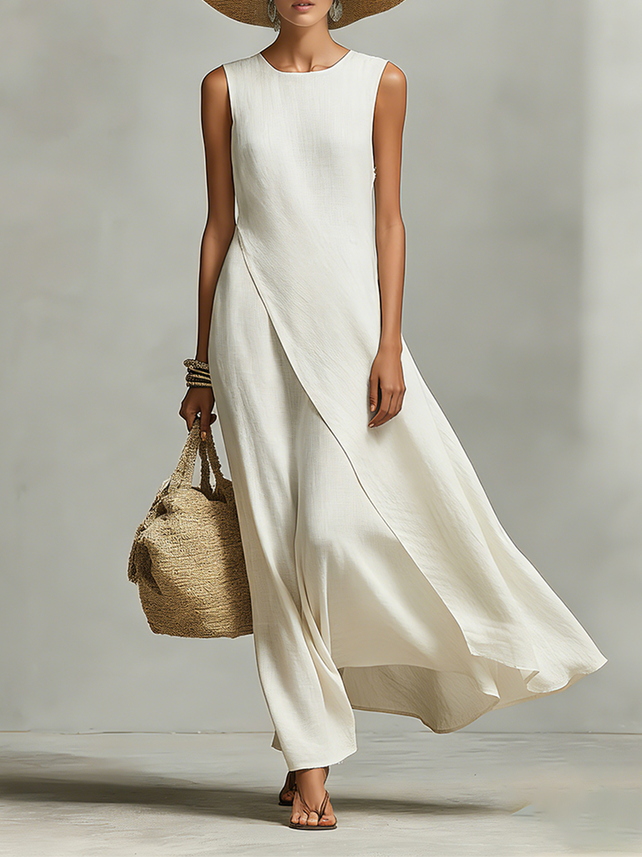 Women's Ivory Breathable Dress With Sleeveless Detail & Asymmetric Hem, Contemporary Casual-Feminine Style Dress