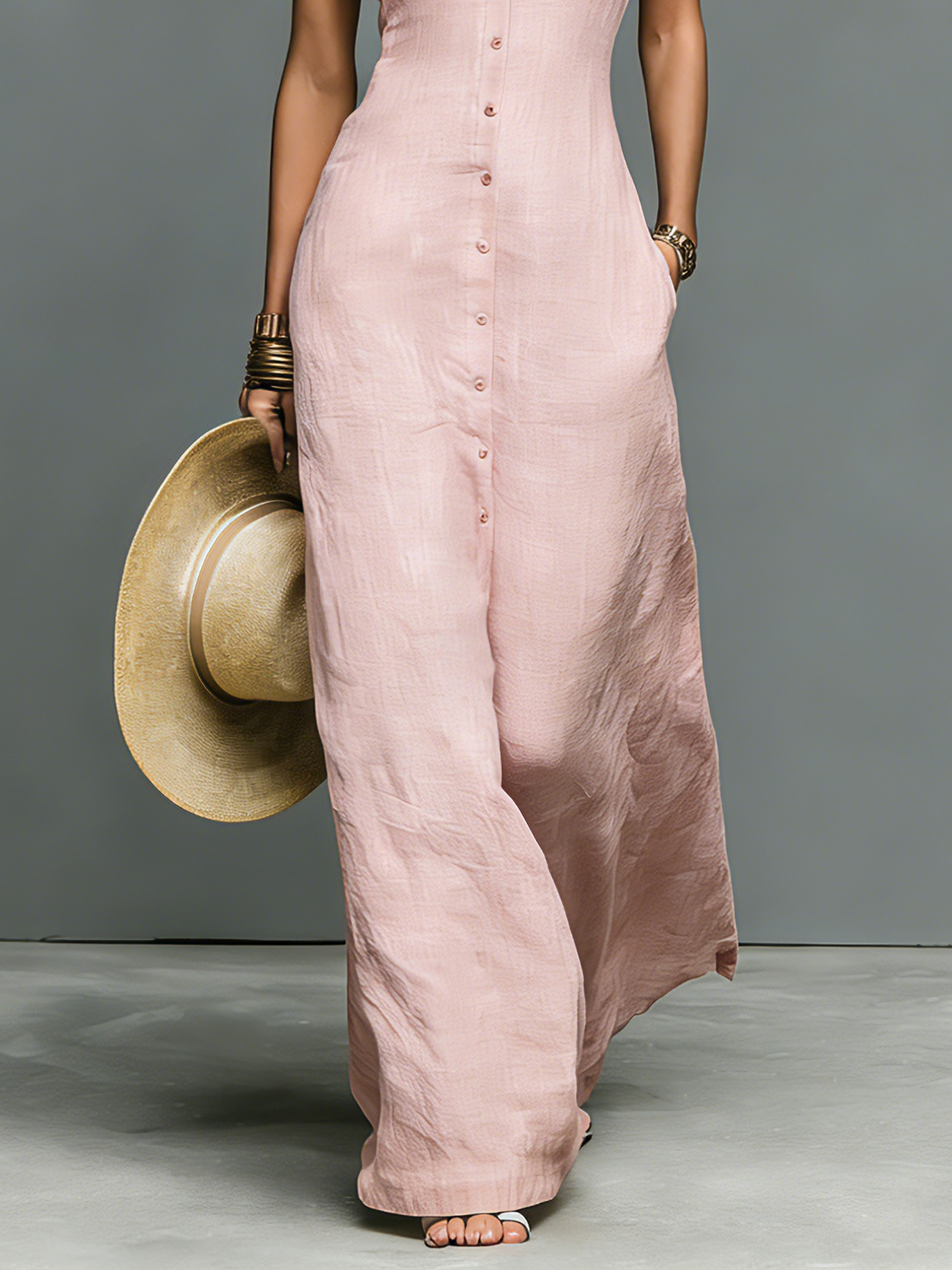 Women's Minimalist Stand-Collar Single-Breasted Sleeveless Maxi Dress