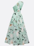 Julie | Light Green Floral Chiffon Maxi Dress with One Shoulder