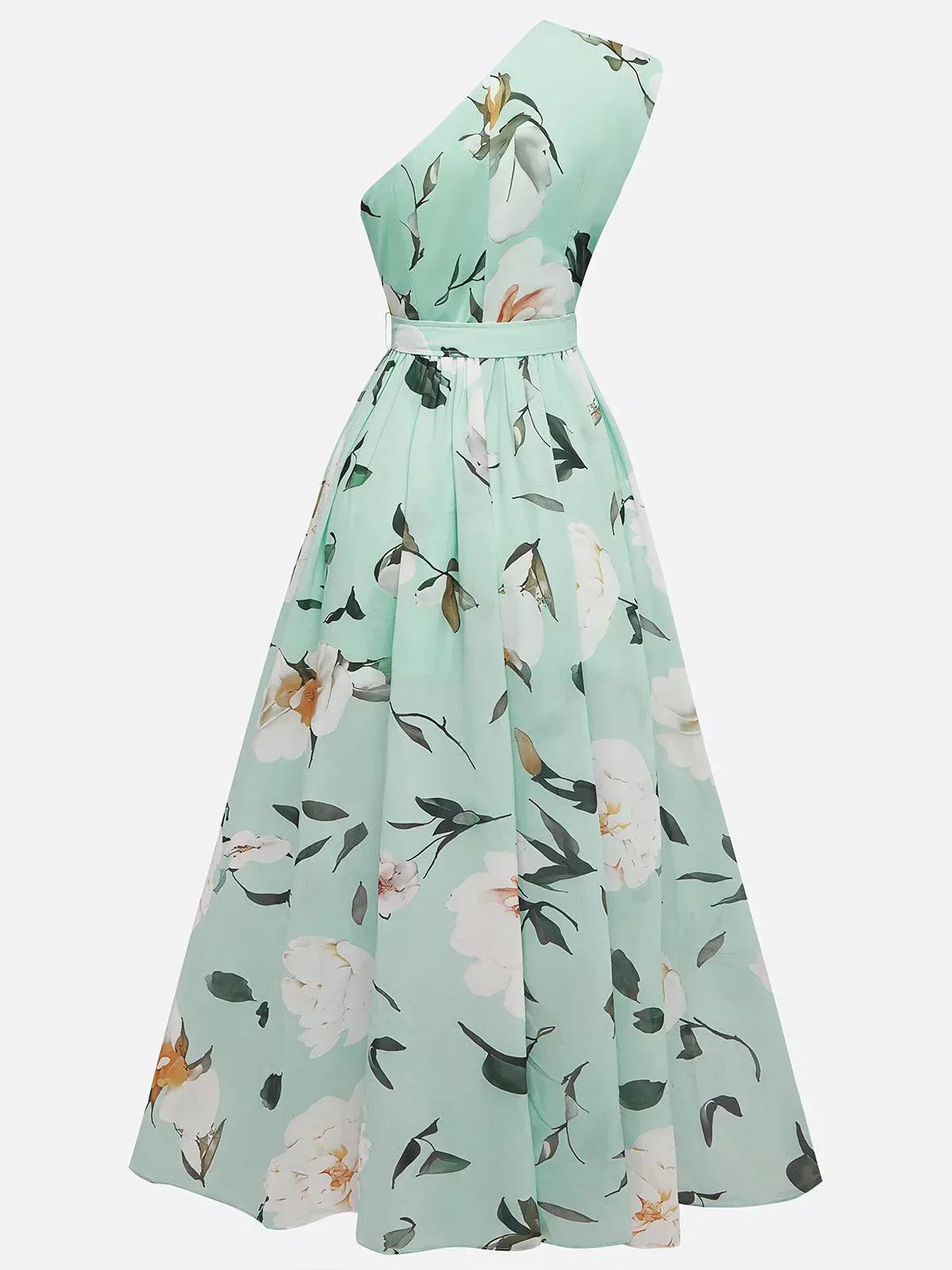 Julie | Light Green Floral Chiffon Maxi Dress with One Shoulder