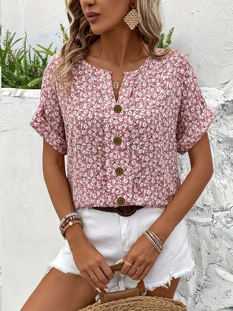 Cindy™ | Floral Print Notched Colour Blouse