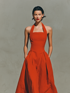 Women's Red Maxi Dress With Halter Neck & Pleated Skirt, Timeless Elegant-Resort Style Dress