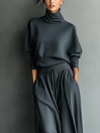 Women's Carbon Knit Set with a stand-up collar and wide-leg pants