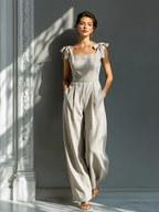 Women's Beige & White Striped Jumpsuit With Square Neck & Tie Straps