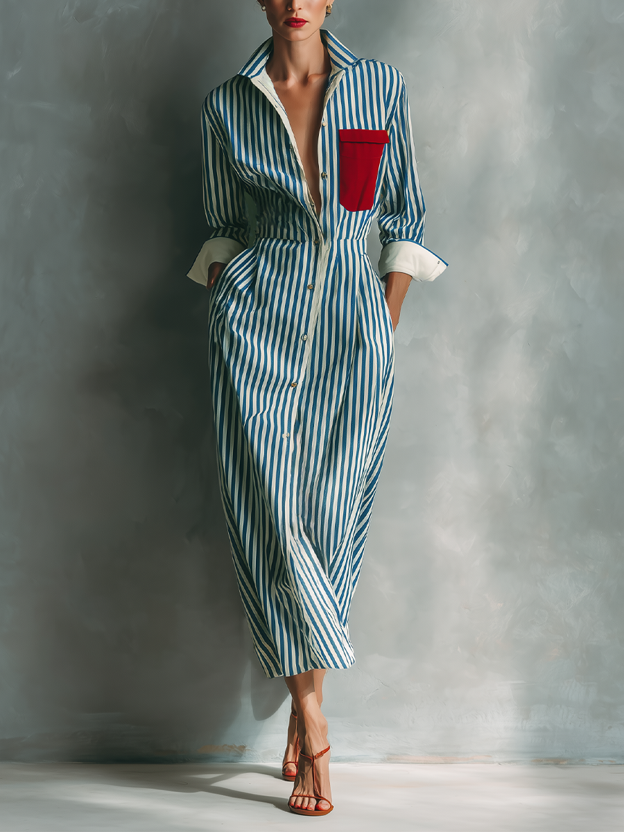 Women's Blue And White Striped Shirt Dress With Red Chest Pocket