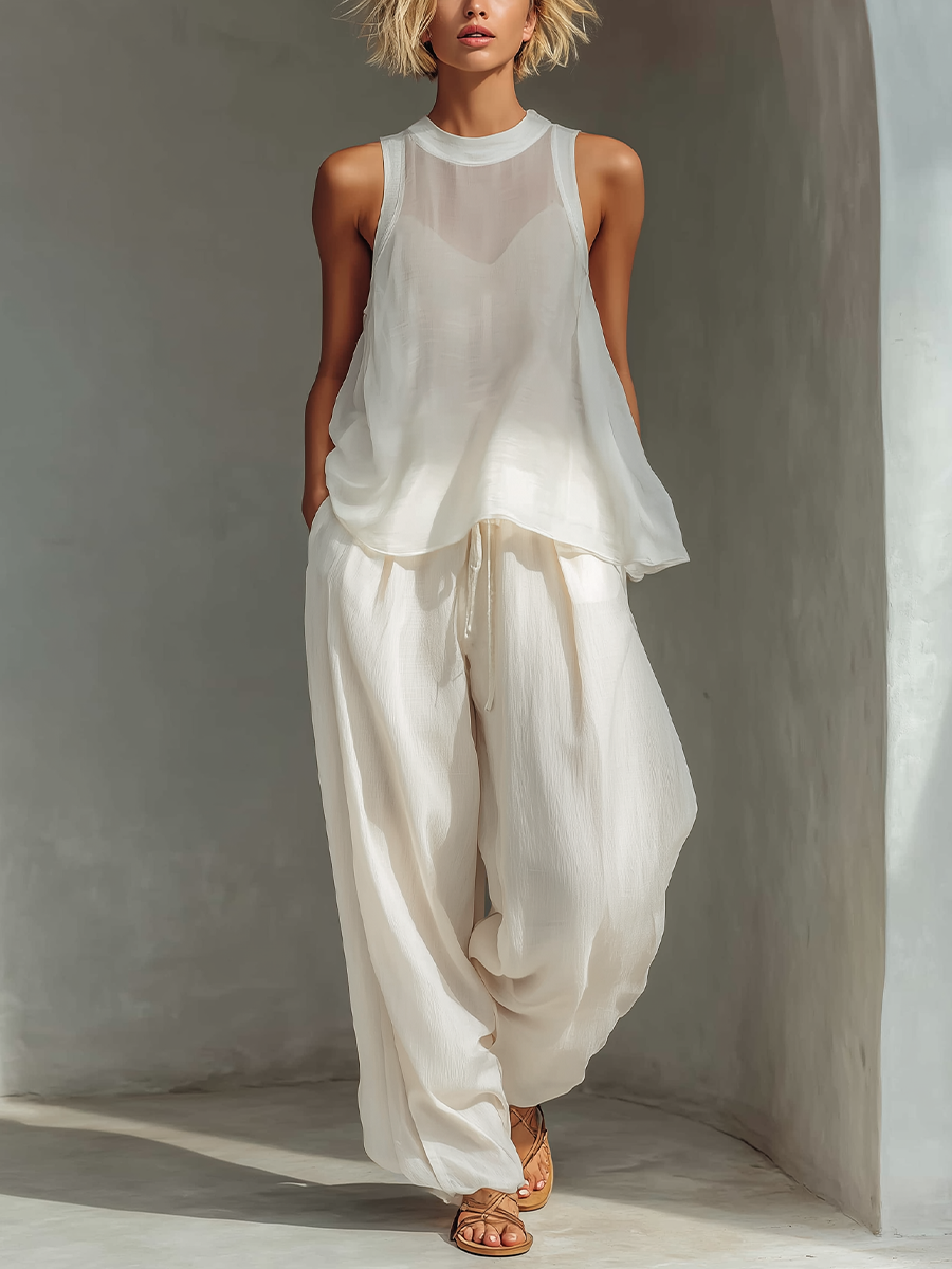 Women's Cream Two-Piece Set With Semi-sheer Chiffon Sleeveless Top & Drawstring Wide-Leg Trousers