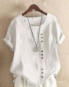Linen | Women's Button Front Crew Neck Short Sleeve Casual Top