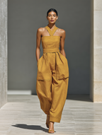 Women's Mustard Yellow Jumpsuit With Crisscross Neckline & Relaxed Trousers