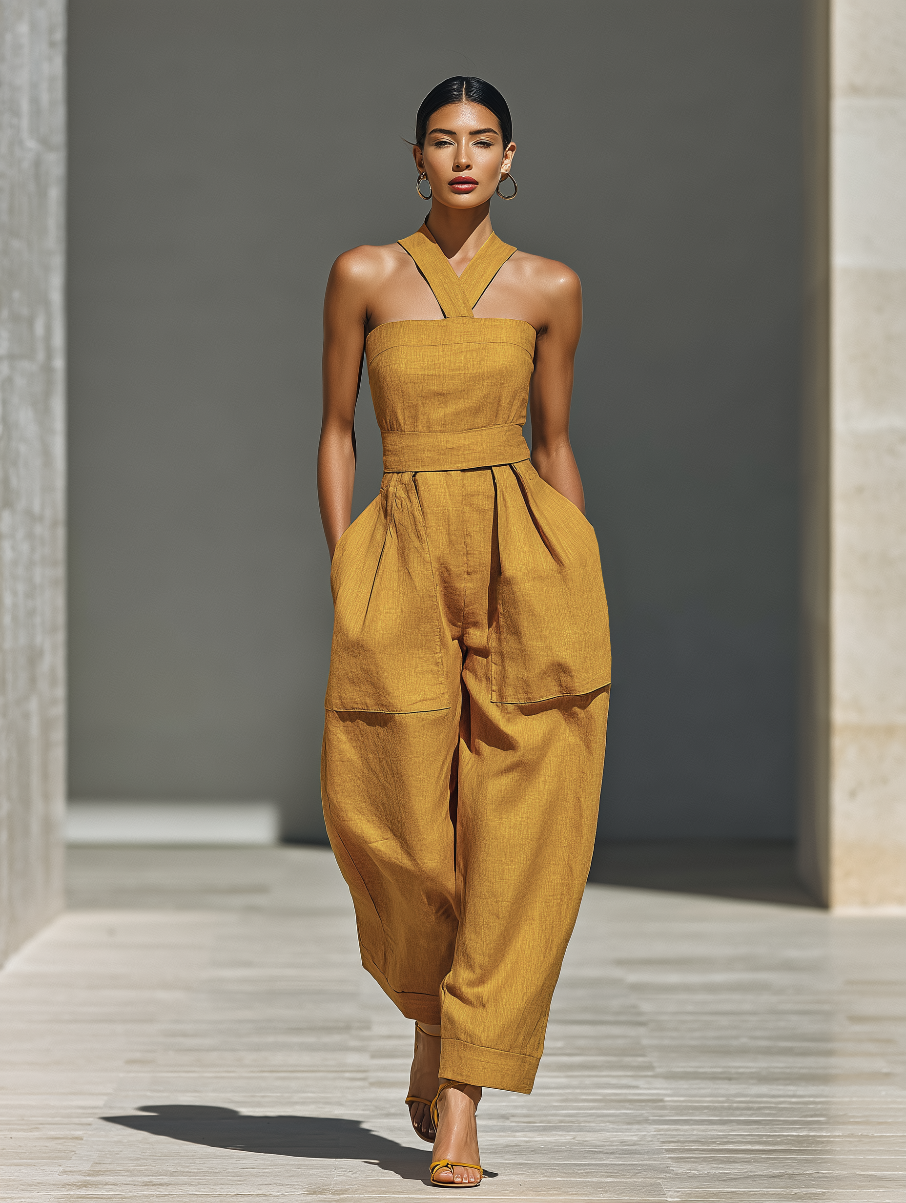 Women's Mustard Yellow Jumpsuit With Crisscross Neckline & Relaxed Trousers