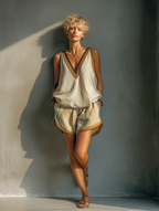 Women's Beige Contrast Trim V-Neck Tank Top & Khaki Shorts Two-Piece Set