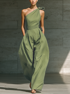 Women's Light Green One-Shoulder Wide-Leg Jumpsuit With Tie Waist