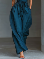 Women's Navy Blue Cross Halter Wide-Leg Jumpsuit With Tie Waist & Side Pockets