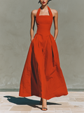 Women's Red Maxi Dress With Halter Neck & Pleated Skirt, Timeless Elegant-Resort Style Dress