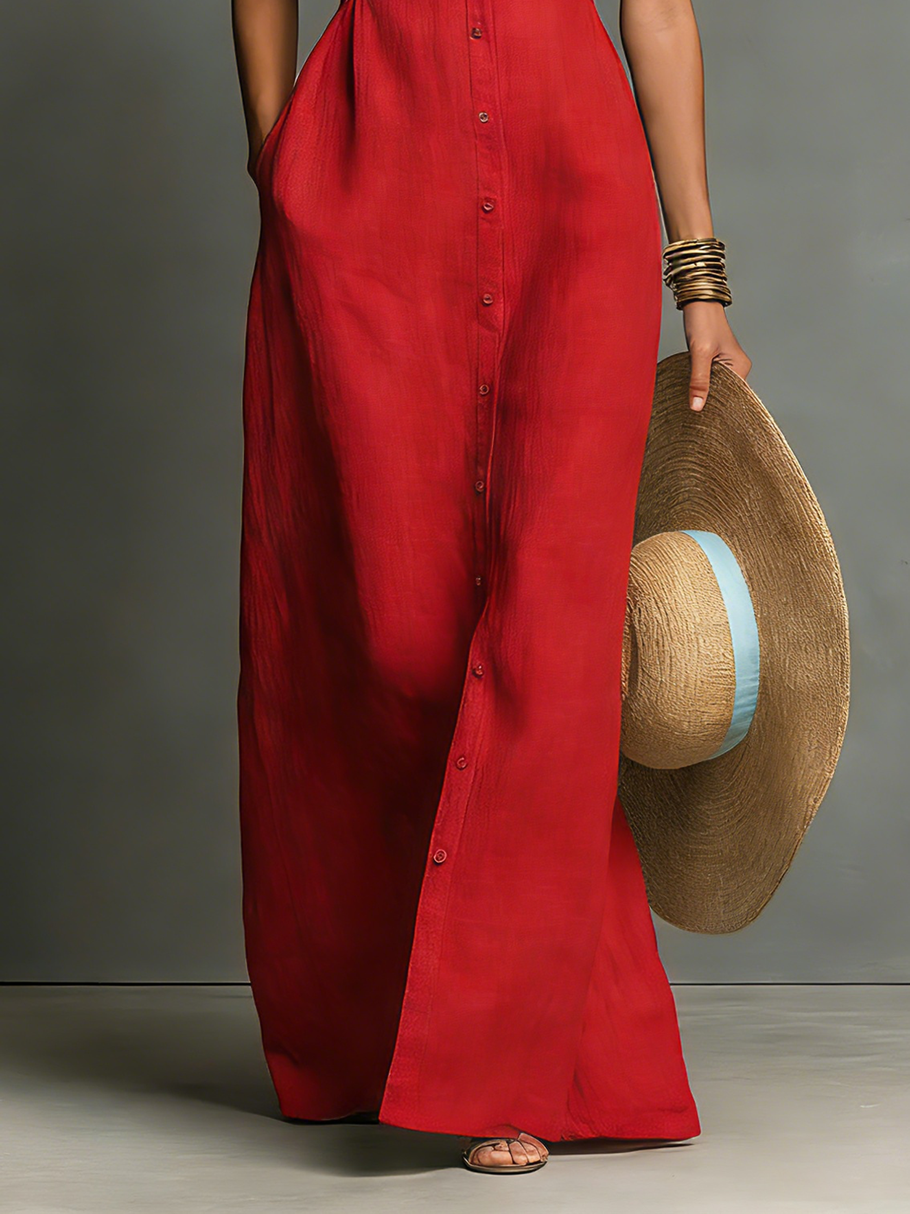 Women's Minimalist Collared Single-Breasted Sleeveless Maxi Shirt Dress