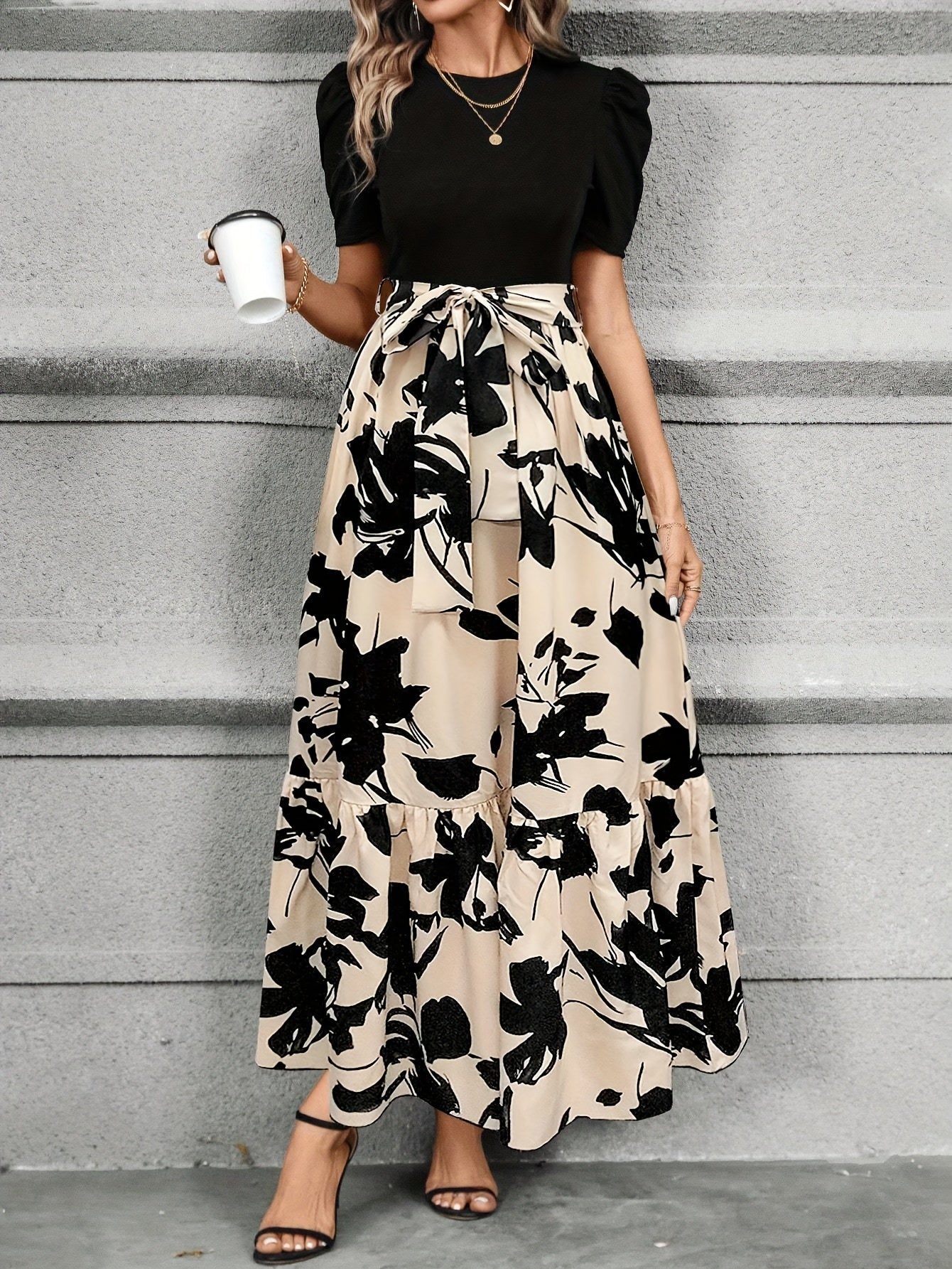 Briony - Floral High-Waist Dress with Ruffle Hem