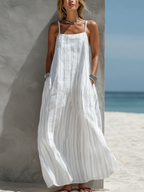 Women's Casual White Vertical Striped Woven Sleeveless Loose Long Dress