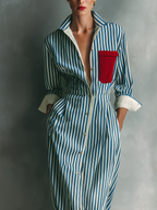 Women's Blue And White Striped Shirt Dress With Red Chest Pocket