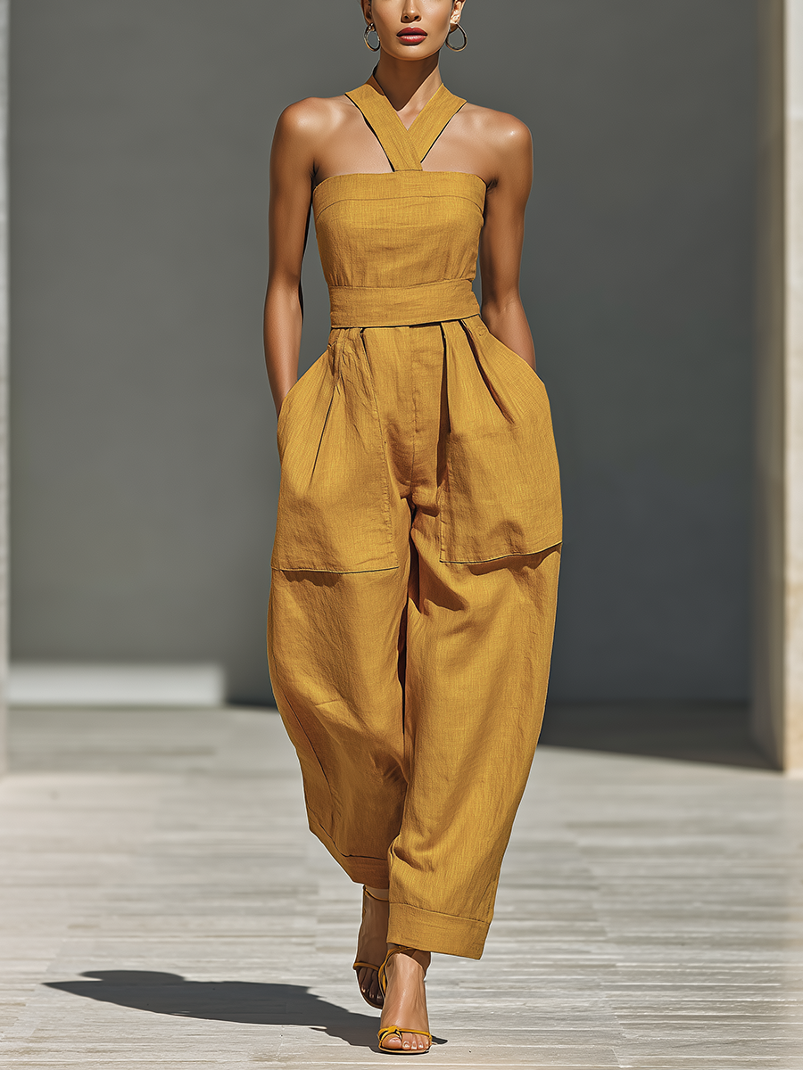Women's Mustard Yellow Jumpsuit With Crisscross Neckline & Relaxed Trousers