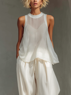 Women's Cream Two-Piece Set With Semi-sheer Chiffon Sleeveless Top & Drawstring Wide-Leg Trousers